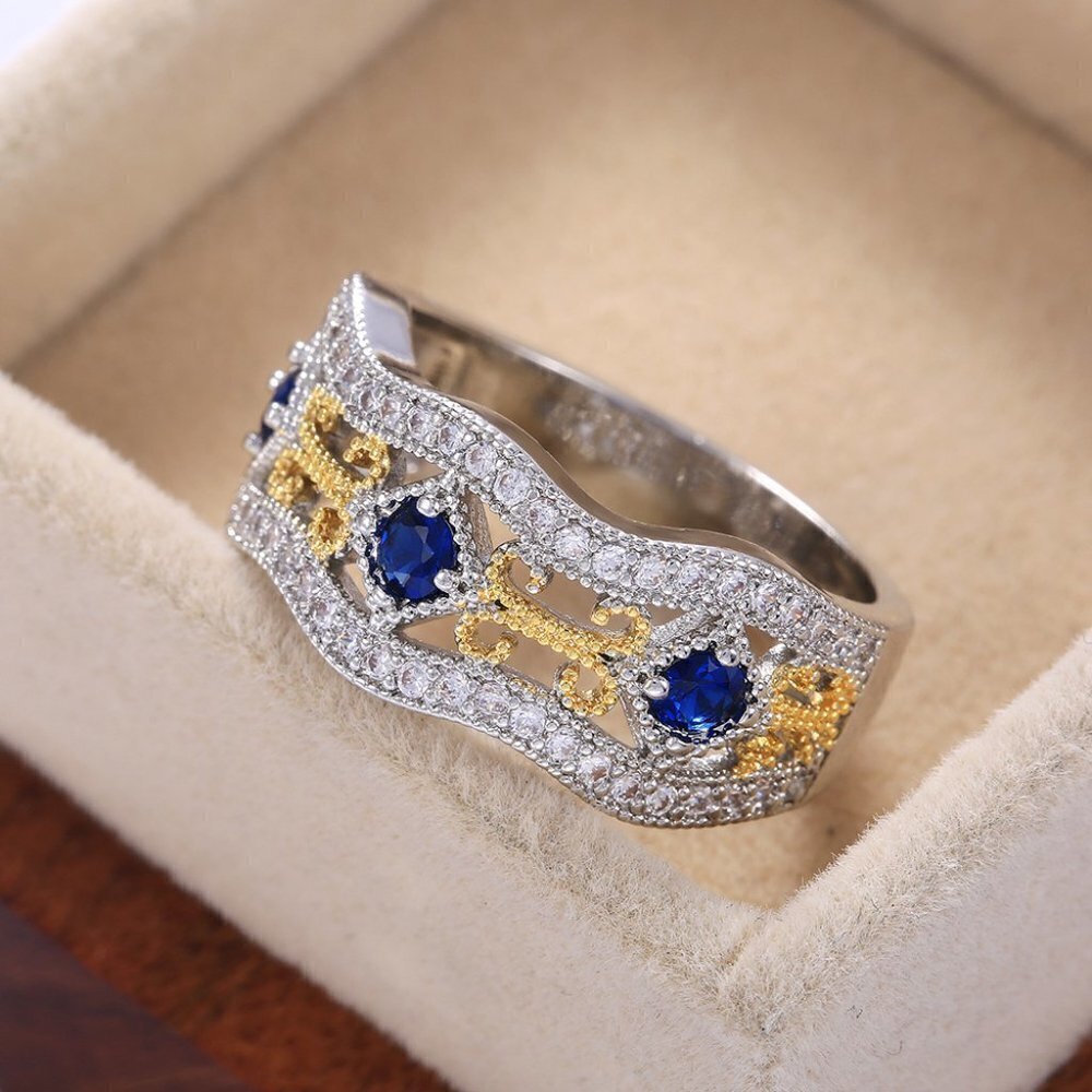 ✨ Eternity Royal Blue Flower Carving Vintage Rings for Women, PD247 - Picture 3 of 4